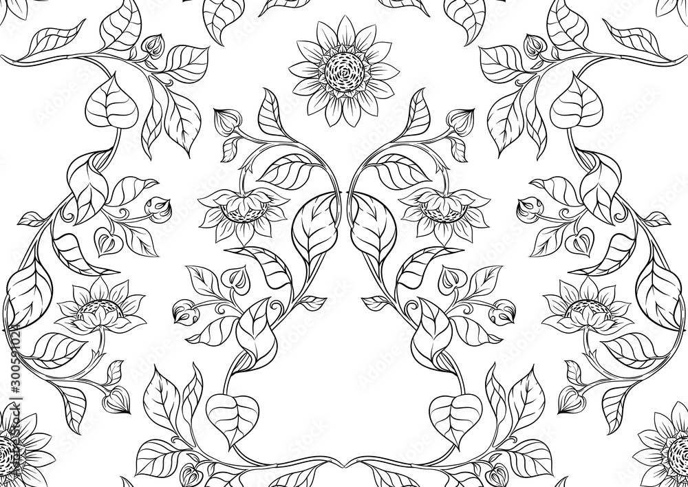 Fototapeta premium Sunflower. Seamless pattern background. Outline hand drawing vector illustration. In art nouveau style, vintage, old retro style