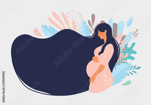 Cute pregnant woman with long hair on a background of blue leaves. The concept of pregnancy, motherhood, family. Flat design with copy space.  Stock vector isolated on white background