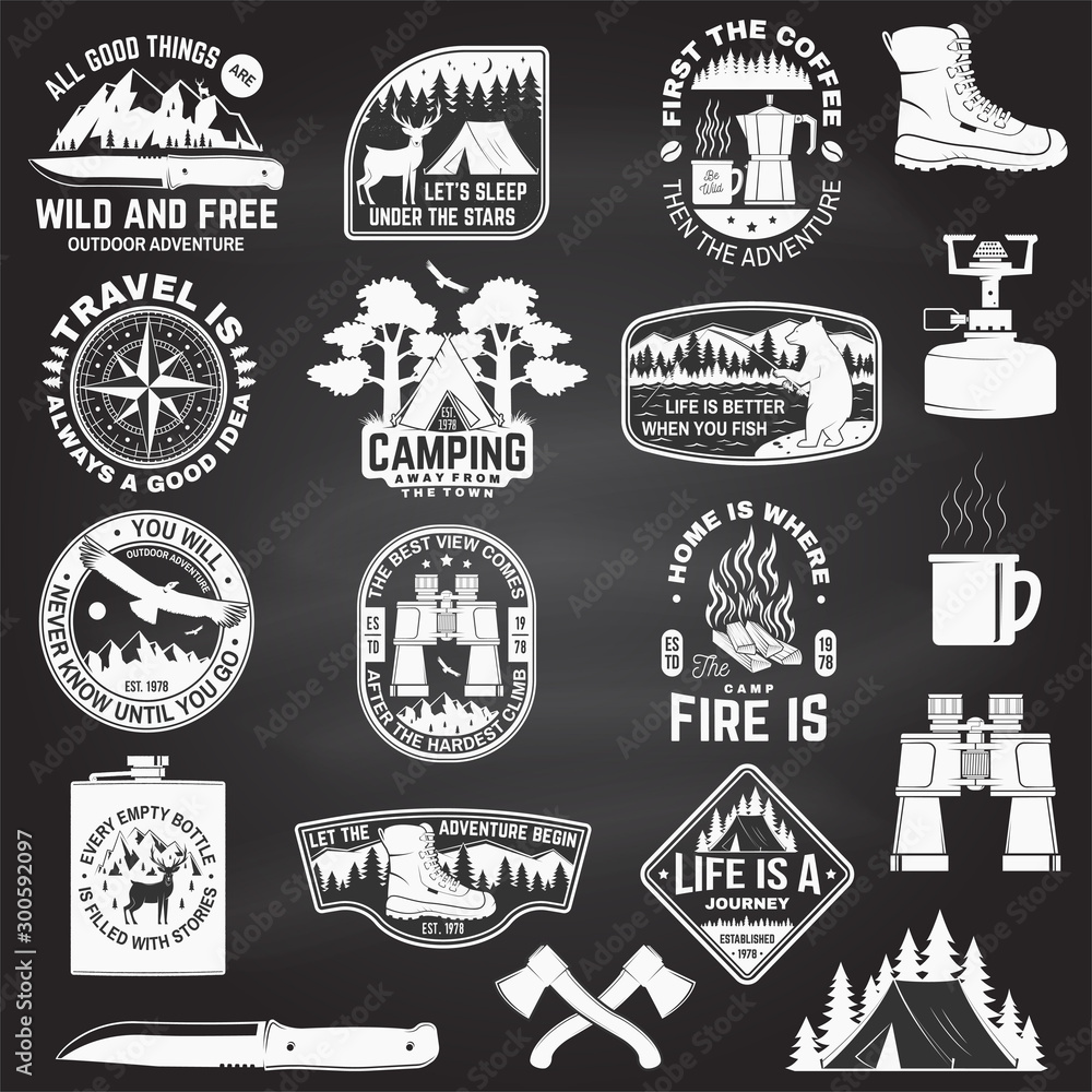 Fototapeta premium Set of outdoor adventure quotes symbol. Vector. Concept for shirt, print, stamp. Vintage design with hiking boots, binoculars, mountains, fishing bear, deer, tent and forest silhouette