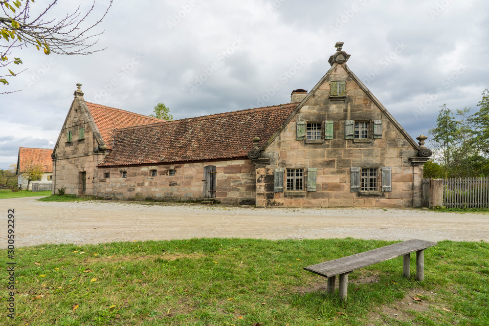 Fototapeta premium Bad Windsheim, Germany - 16 October 2019: View from a half timbered house in a german village.