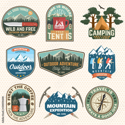 Mountain expedition and outdoor adventure badges. Vector. Concept for badge, patch, shirt, print, stamp or tee. Design for hiking emblems, mountains emblem badges, outdoors hill travel