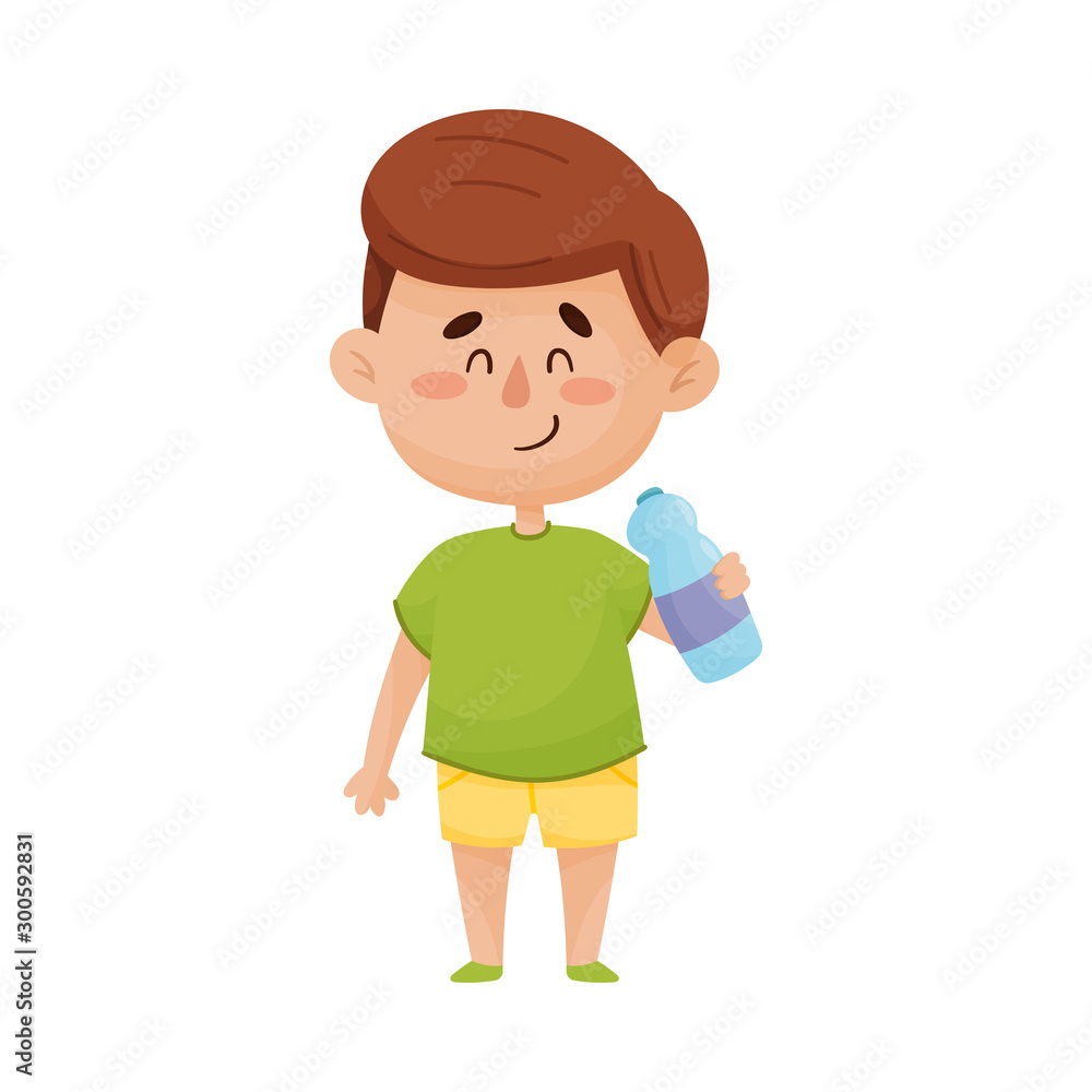 Happy and Smiling Dark-Haired Little Boy Standing With Bottle of Water in His Hand Vector Illustration