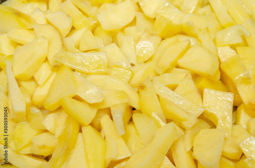 Potato cubes fried in a pan close-up. Background of fried potatoes Potato cubes fried in a pan close-up. Background of fried potatoes