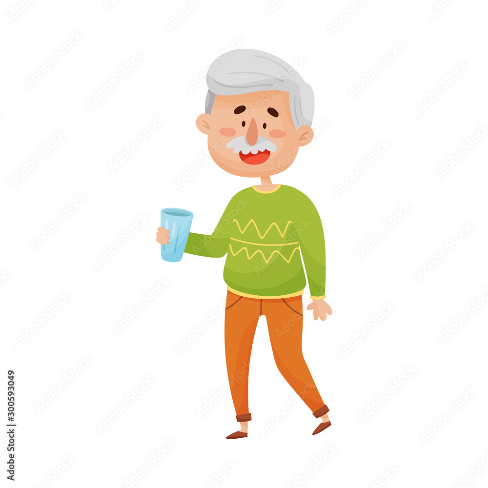 Smiling Grey-Haired Senior Man Standing and Holding a Glass of Water in His Hands Vector Illustration