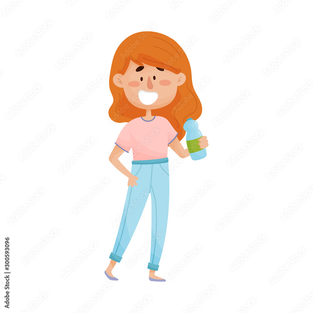 Young Red-haired Girl Character Standing and Drinking Still Water From Bottle Vector Illustration Young Red-haired Girl Character Standing and Drinking Still Water From Bottle Vector Illustration