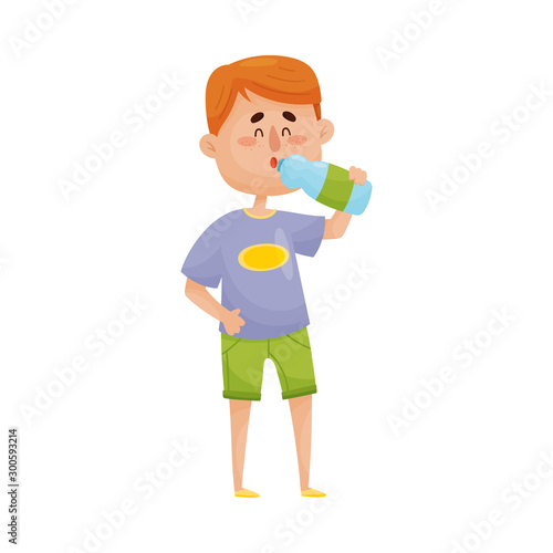 Happy Red-Haired Boy Standing and Drinking Water From Plastic Bottle Vector Illustration