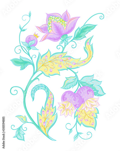 Fantasy flowers, traditional Jacobean embroidery style. Elements for design. Vector illustration in bright pink and green colors isolated on white background..