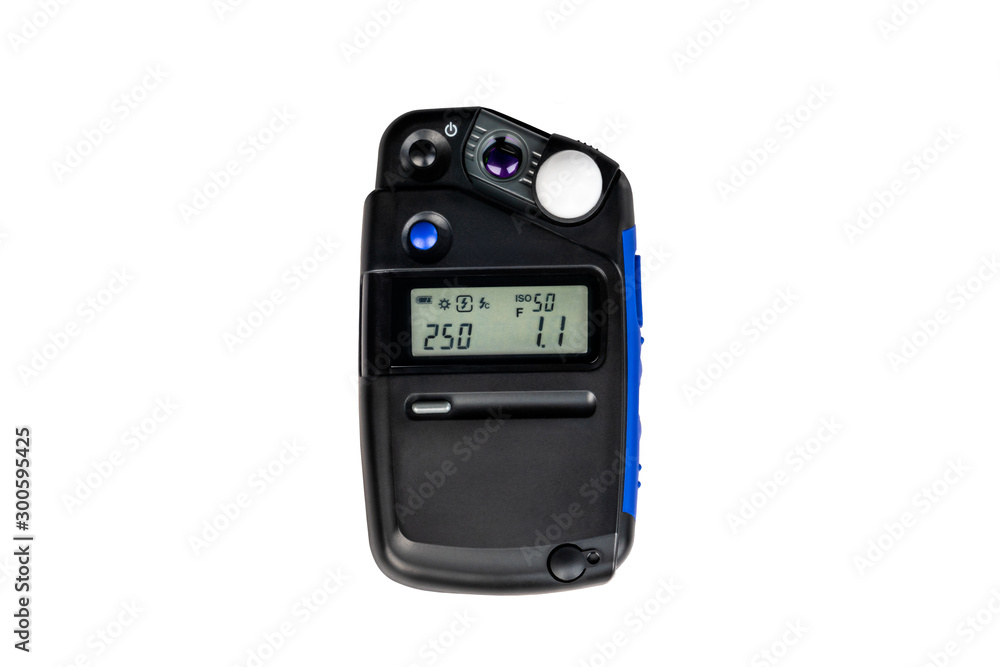 Compact and portable light meter for studio flash photography isolated on white background. Compact and portable light meter for studio flash photography isolated on white background.