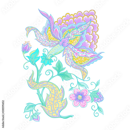 Fantasy flowers, traditional Jacobean embroidery style. Elements for design. Vector illustration in bright pink and green colors isolated on white background..