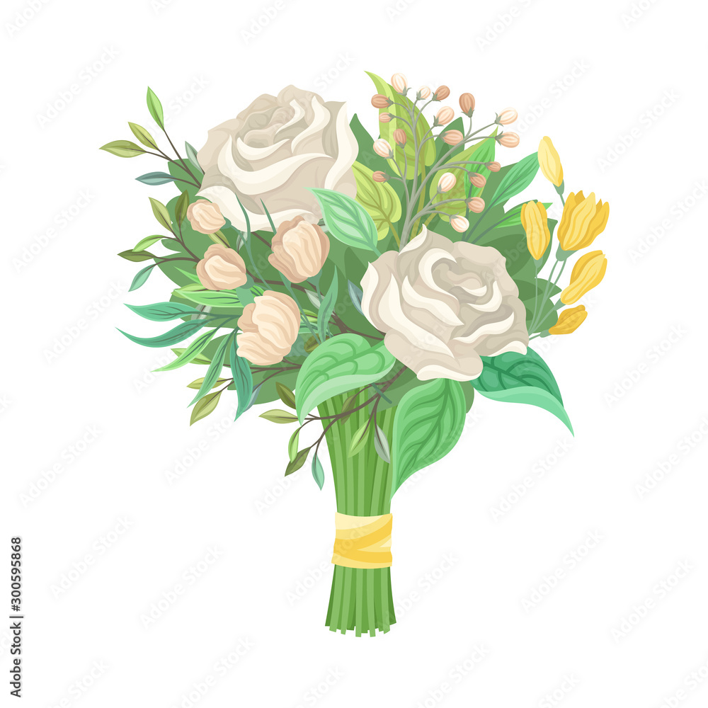 Fototapeta premium Bridal Bouquet Vector Illustration. Tied With Ribbon Bunch of Flowers