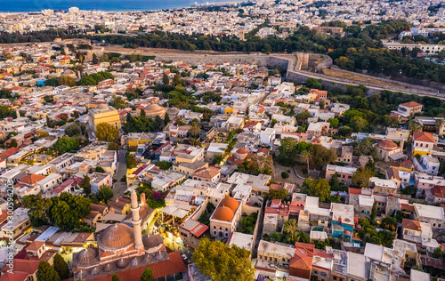 Rhodes old town aerial panoramic view in sunset Rhodes island in Greece.
