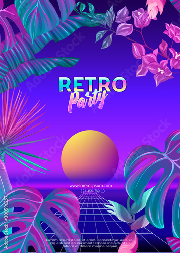 ..Retro Futurism. Vector futuristic synth wave illustration. Rave party Flyer design template, background with tropical plants in 1980s style. 80s Retro poster, retrowave