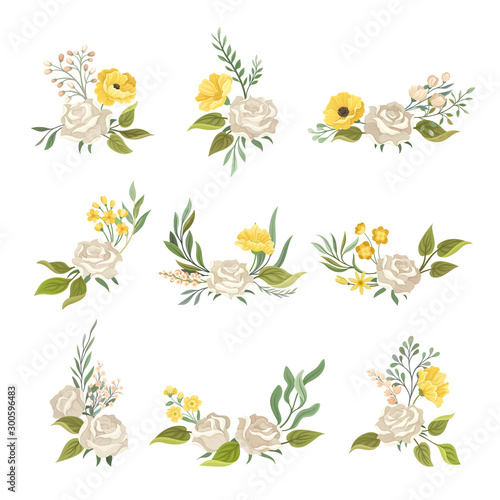 White Roses and Twigs Vector Elements Set For Decoration