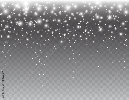 Shimmer light sparkles effect isolated on transparent background. Vector white glowing Xmas snow with stars for Christmas, New Year luxury card design.