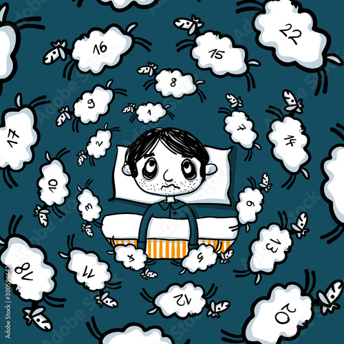 Insomnia - Man at night who cannot fall asleep is counting sheep in a neverending spiral - sleeplessness hand-drawn vector illustration
