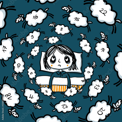 Insomnia - Woman at night who cannot fall asleep is counting sheep in a neverending spiral - sleeplessness hand-drawn vector illustration
