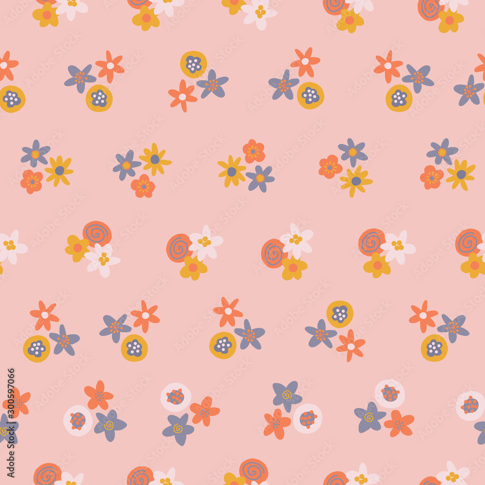 Scandinavian ditsy flowers seamless vector background. Blue orange yellow floral elements on light pink background. Contemporary flat nature design for surface pattern design, web banner, fabric