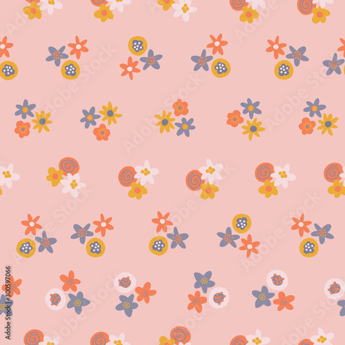 Scandinavian ditsy flowers seamless vector background. Blue orange yellow floral elements on light pink background. Contemporary flat nature design for surface pattern design, web banner, fabric