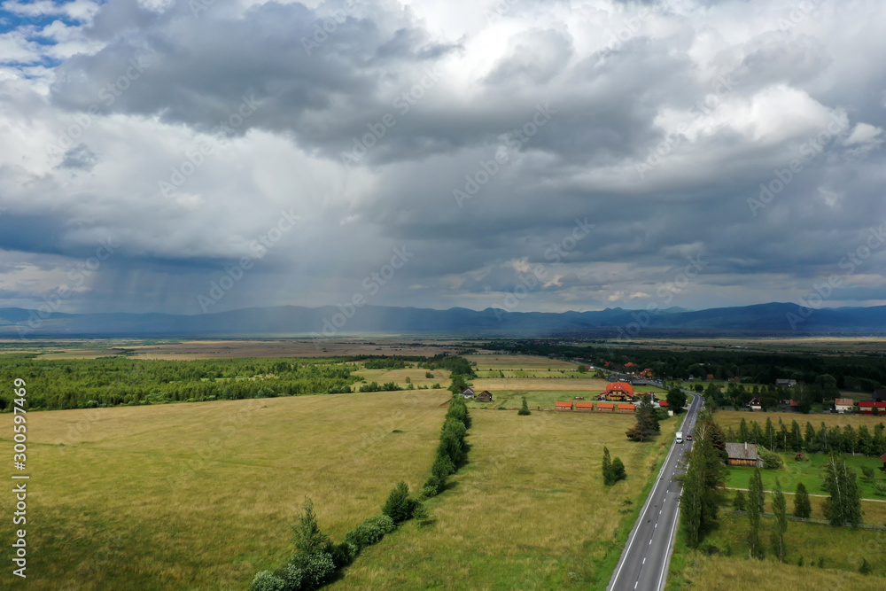 Aerial view of country landscape in the summer.