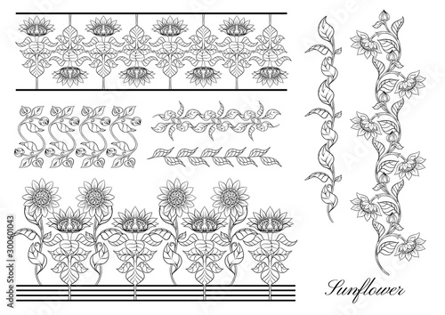 Sunflower. Set of elements for design Vector illustration. Outline hand drawing in art nouveau style, vintage, old, retro style.