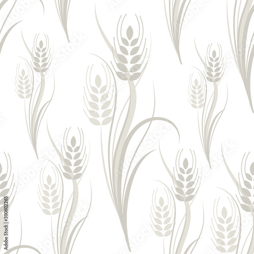Seamless pattern with gray wheat spikelets on a white isolated background. Vector illustration