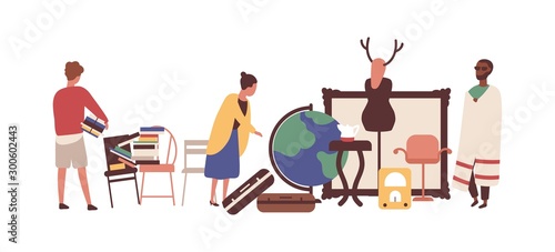Flea market, rag fair flat vector illustration. Stuff sellers and customers faceless characters. Cheap goods, old things buying. Swap meet. Junk, purchase, bargain. Bazaar, antique market.