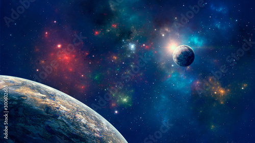 Space background. Colorful nebula with two planet. Elements furnished by NASA. 3D rendering © Space Creator