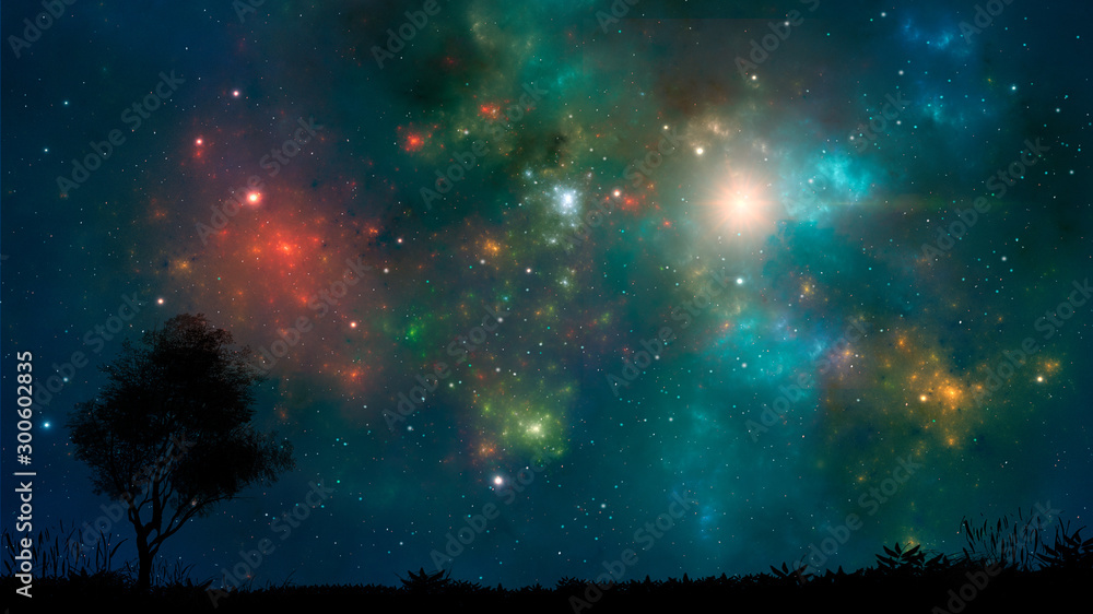 Space background. Colorful nebula with land and tree silhouette. Elements furnished by NASA. 3D rendering Space background. Colorful nebula with land and tree silhouette. Elements furnished by NASA. 3D rendering