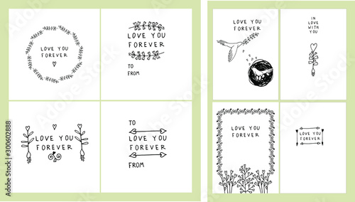 Square cards and vertical posters for valentines day. Minimalistic hand drawn clipart. Hearts, pigeons, arrows, birds, trees, branches, wings. Decorative design elements. Doodle style. 