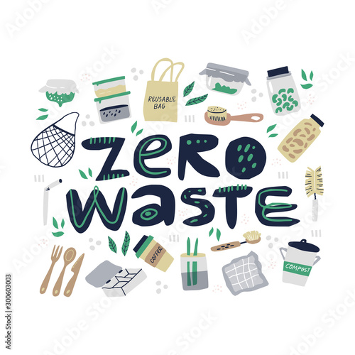 Zero waste items handdrawn illustration with typography. Reusable containers isolated cliparts set on white background