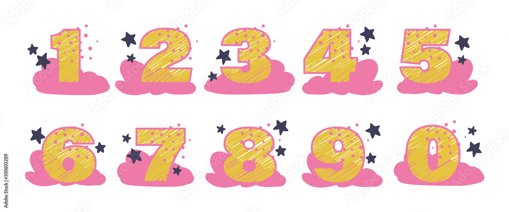 Collection of hand drawn decorative number with pink clouds and star for baby birthday party cards, cake, invitations, posters, kids room decor design. Sketch style, vector illustration. Collection of hand drawn decorative number with pink clouds and star for baby birthday party cards, cake, invitations, posters, kids room decor design. Sketch style, vector illustration.
