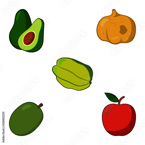 Fototapeta Naklejka Na Ścianę i Meble -  Set of fruits (avocado, jicama, star fruit, kedondong, apple) vector collection