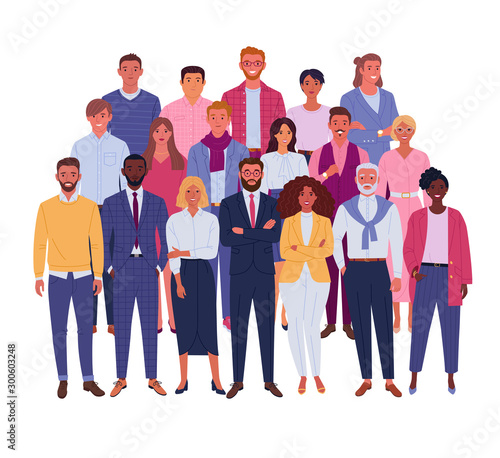 Modern business team. Vector illustration of diverse business people and company members, standing behind each other. Isolated on white.
