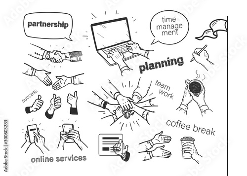 Set of hand drawn business concepts: planning, time management, teamwork, online service. Hand drawn human hands, mobile phone, laptop, coffee cup isolated on white background. Vector illustration.