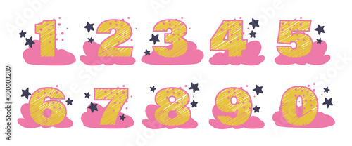 Fototapeta Naklejka Na Ścianę i Meble -  Collection of hand drawn decorative number with pink clouds and star for baby birthday party cards, cake, invitations, posters, kids room decor design. Sketch style, vector illustration.