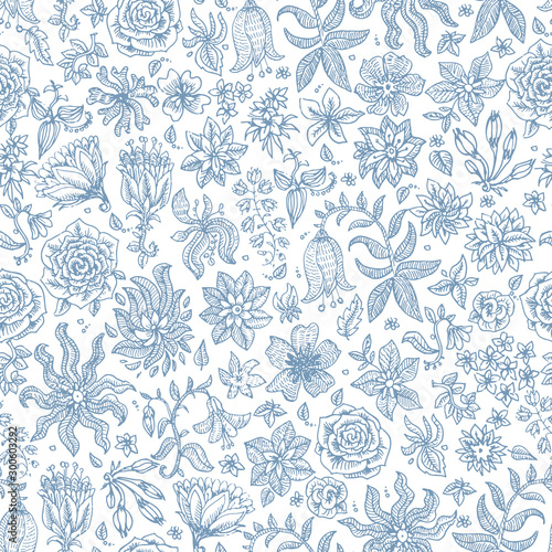 Vector seamless floral pattern from hand drawn small dark blue flowers and he...