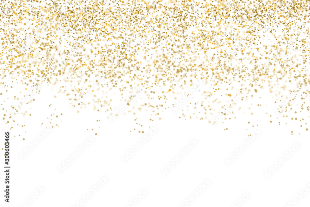 Golden confetti isolated on white background (clipping path) with bright festive tinsel of gold color for Christmas, new year, birthday party and greeting card decoration