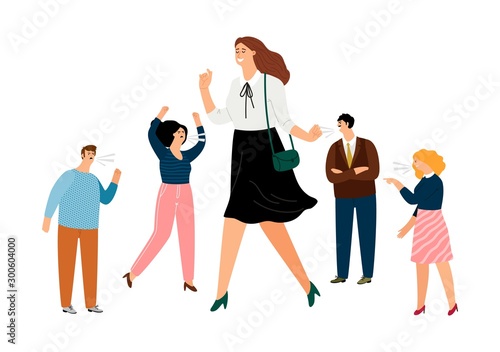 Stay positive. Smiling woman and angry people. Happy businesswoman ignoring toxic coworkers vector illustration