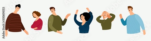 Destructive emotions. Angry, agressive, screaming men and women vector characters. Flat avatars set