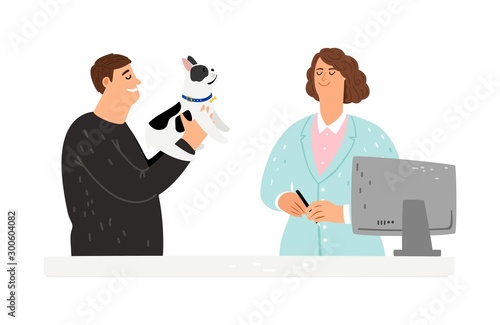Dog at veterinarian. Rets hospital, owner with dog vector characters. Veterinary care