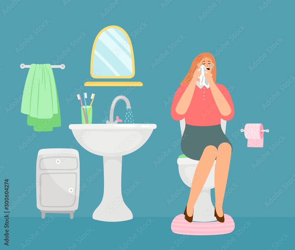 Woman crying in toilet room. Bathroom interior, WC vector illustration. Stressed woman character