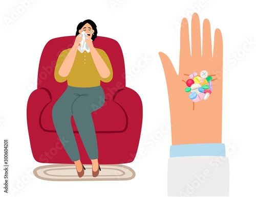 Stop depression. Sedative pills, tranquilizers vector illustration. Crying woman and hand with drugs