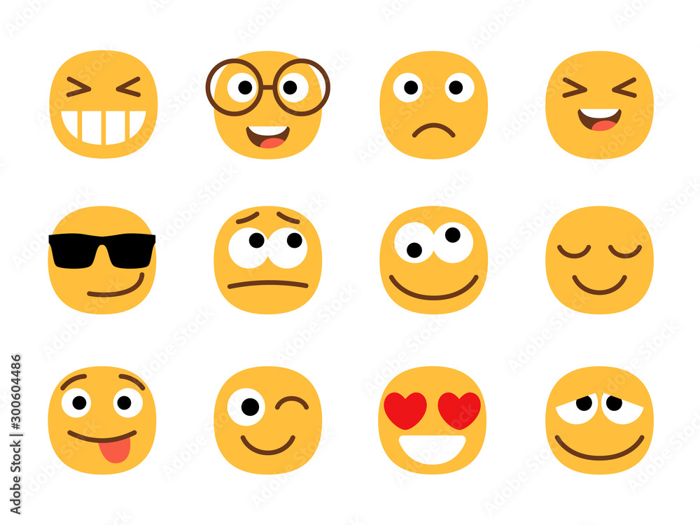 Yellow cute and fun emoticons faces. Smiles or smiling person signs, emoji portraits isolated on white background, ball face emoticon characters, vector illustration Yellow cute and fun emoticons faces. Smiles or smiling person signs, emoji portraits isolated on white background, ball face emoticon characters, vector illustration