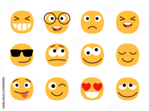 Yellow cute and fun emoticons faces. Smiles or smiling person signs, emoji portraits isolated on white background, ball face emoticon characters, vector illustration