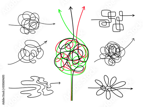 Confusing difficult arrows. Tangle scribbles with arrow, simple lines knot designs, chaos tangled drawing wires or messy scribble threads isolated on white background, vector illustration