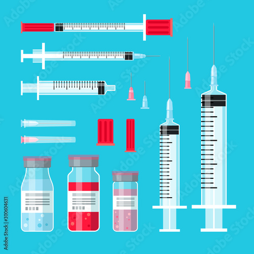 Vaccine cure syringes. Syringe shot medical objects, shots and injection needles, vaccines bottles medicine illustration treatment vector illustration