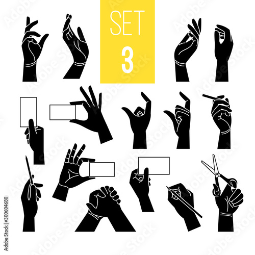 Hands gestures with card and pen. Vector woman black hands silhouettes holding paper tablet and scissors, cigarette and pointer isolated on white background