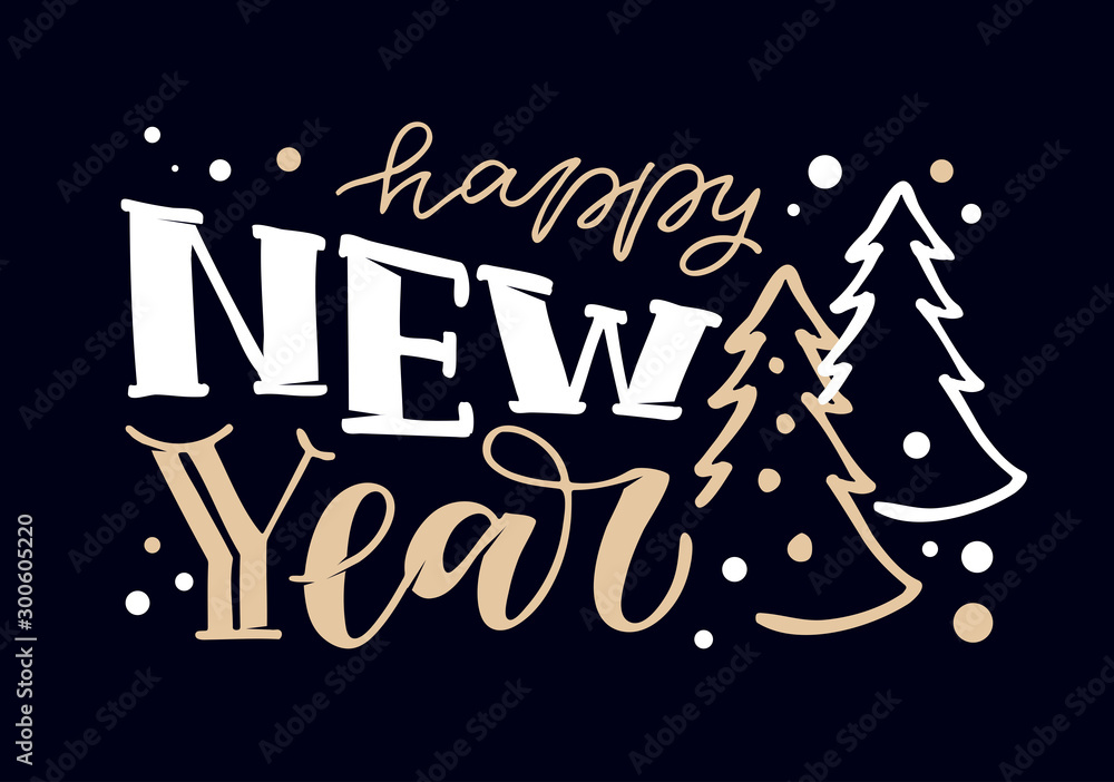 Happy new year - beautiful hand drawn doodle lettering postcard - template design banner