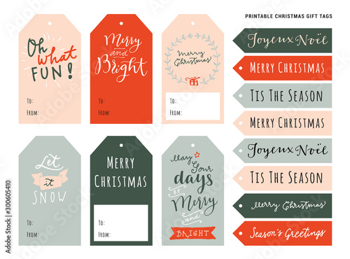 Printable personalized Merry Christmas gift tags. Holiday season vintage design with modern calligraphy, typography, lettering. Traditional Christmas artistic design. Vector EPS10 illustration