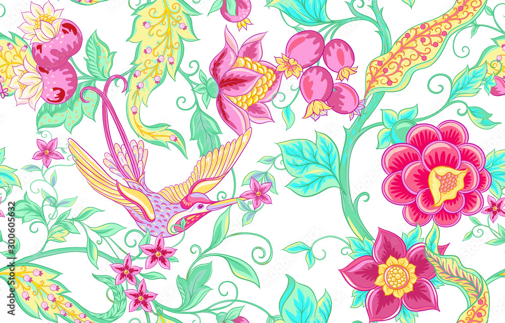 Fantasy flowers, traditional Jacobean embroidery style. Seamless pattern, background. Vector illustration in bright pink and green colors isolated on white background..